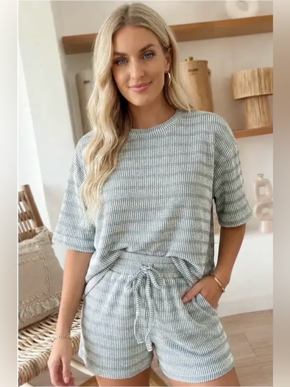 Zenana Sage Ribbed Striped Top and Short Set